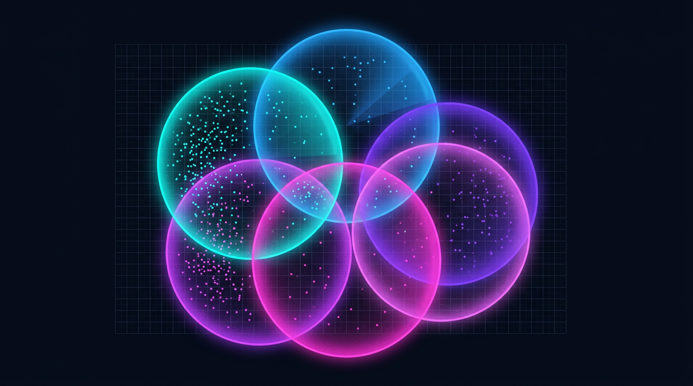 Five overlapping glowing fields of view on a dark grid, each a different color, with most bright dots sitting inside single fields and only a few in the overlapping regions.