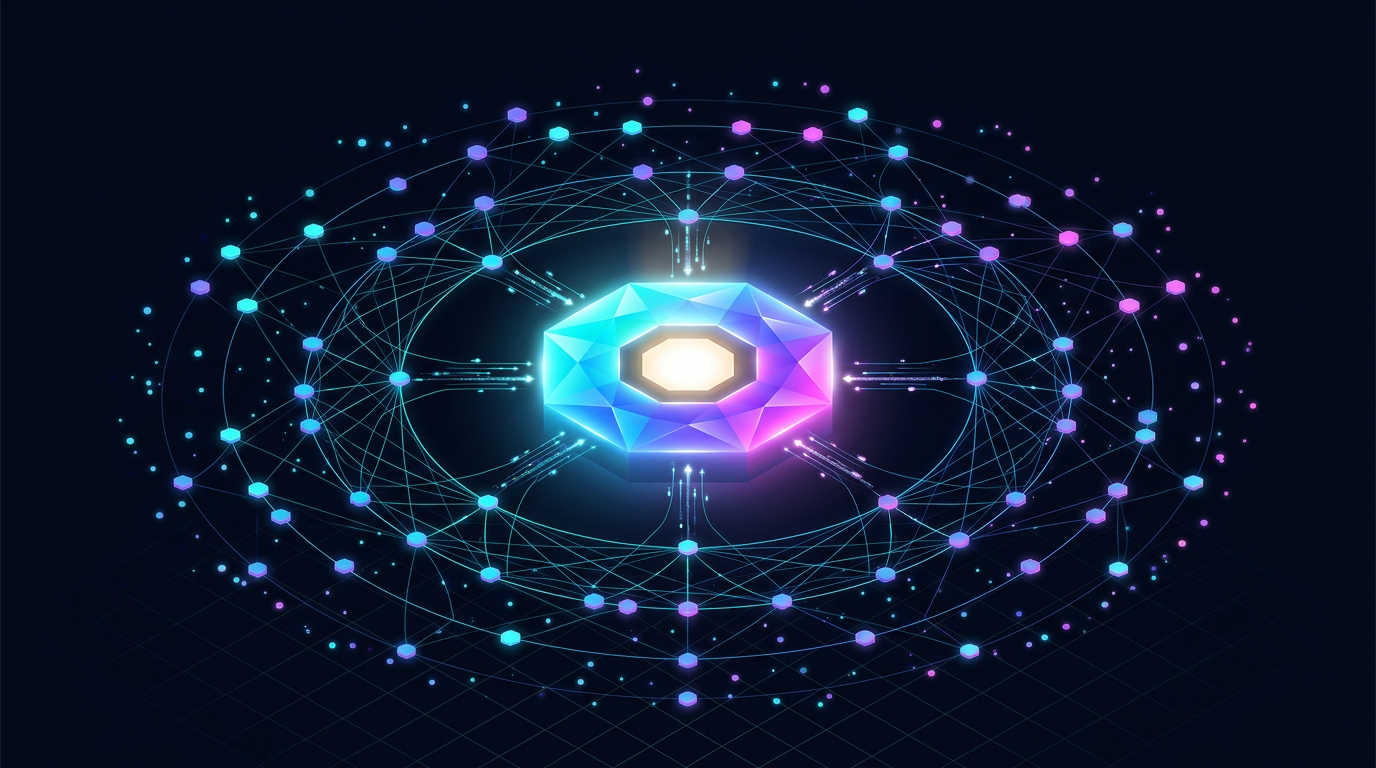 A glowing octagonal hub at the center of a mesh of smaller research-bundle nodes connected by luminous lines, with particles flowing in and out.